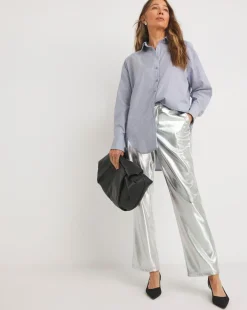 Womens Diamante Oversized Long Sleeve Shirt - Blue Stripe