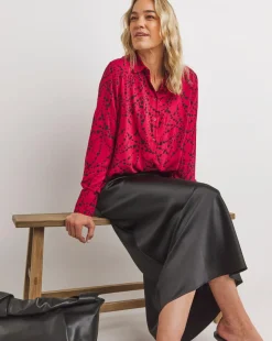 Womens Dipped Back Long Sleeve Shirt - Red Abstract