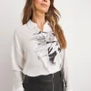 Womens Floral Placement Long Sleeve Shirt - White