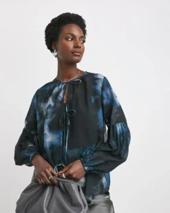 Womens Georgette Tie Detail Collarless Blouse - Abstract Print