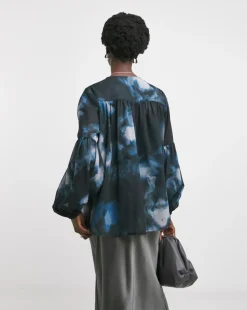 Womens Georgette Tie Detail Collarless Blouse - Abstract Print