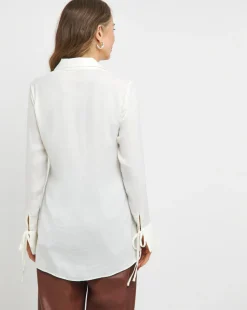 Womens Hammered Satin Oversized Long Sleeve Shirt - Ivory
