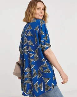 Womens Printed Oversized Blouse - Blue Abstract
