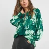 Womens Satin Cut Out Detail Long Sleeve Blouse - Green Floral
