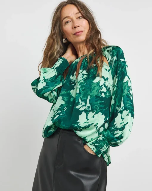 Womens Satin Cut Out Detail Long Sleeve Blouse - Green Floral