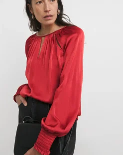 Womens Satin Cut Out Detail Long Sleeve Blouse - Red
