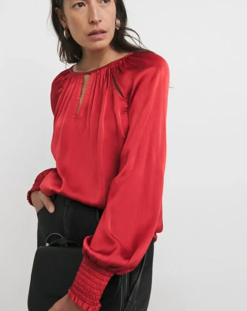 Womens Satin Cut Out Detail Long Sleeve Blouse - Red