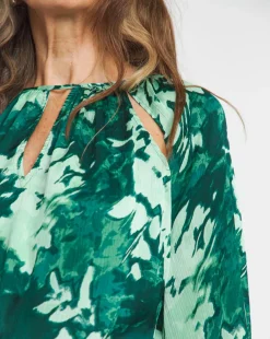 Womens Satin Cut Out Detail Long Sleeve Blouse - Green Floral