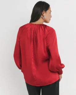 Womens Satin Cut Out Detail Long Sleeve Blouse - Red