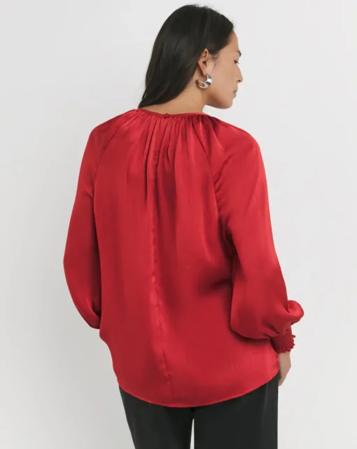 Womens Satin Cut Out Detail Long Sleeve Blouse - Red