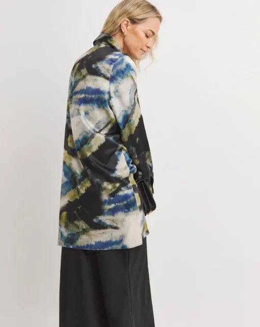 Womens Satin Longline Long Sleeve Shirt - Blue/Natural Abstract