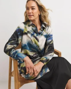 Womens Satin Longline Long Sleeve Shirt - Blue/Natural Abstract