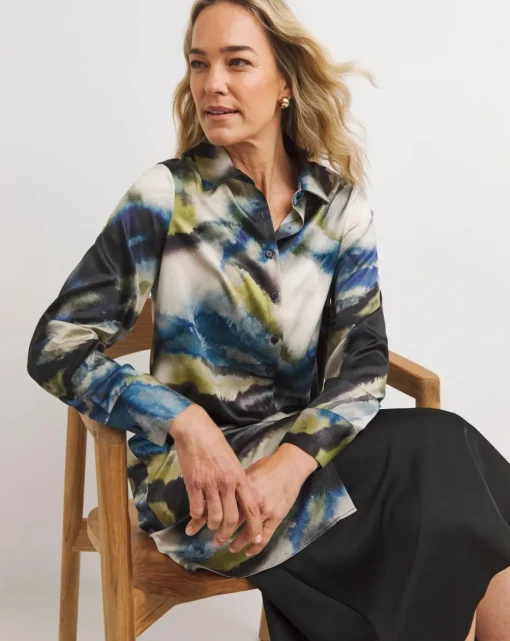 Womens Satin Longline Long Sleeve Shirt - Blue/Natural Abstract