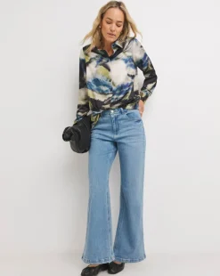 Womens Satin Longline Long Sleeve Shirt - Blue/Natural Abstract