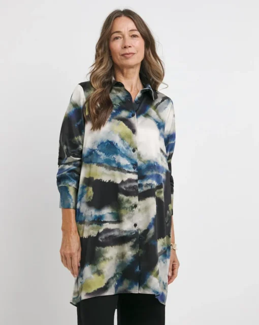 Womens Satin Longline Long Sleeve Shirt - Blue/Natural Abstract