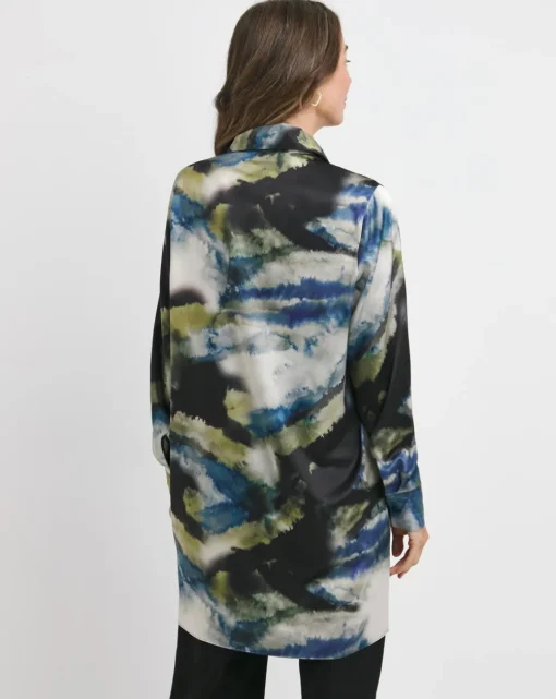 Womens Satin Longline Long Sleeve Shirt - Blue/Natural Abstract