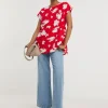 Womens Short Sleeve Smock Top - Red Floral