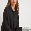 Womens Textured Oversized Long Sleeve Shirt - Black