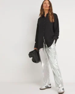 Womens Textured Oversized Long Sleeve Shirt - Black