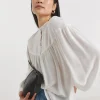 Womens Twill Collarless Blouson Sleeve Blouse- Ivory