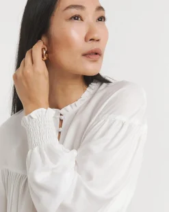 Womens Twill Collarless Blouson Sleeve Blouse- Ivory